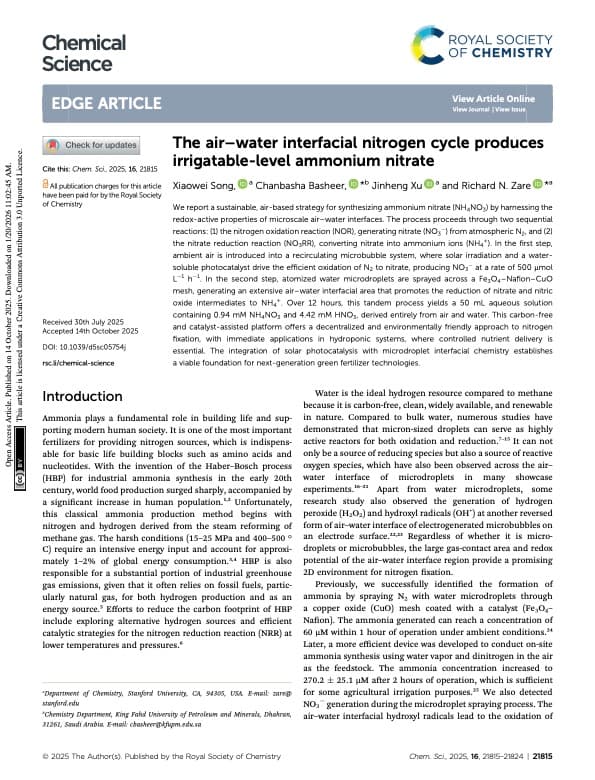 The air-water interfacial nitrogen cycle produces irrigatable-level ammonium nitrate