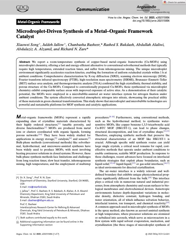 Microdroplet-Driven Synthesis of a Metal-Organic Framework Catalyst