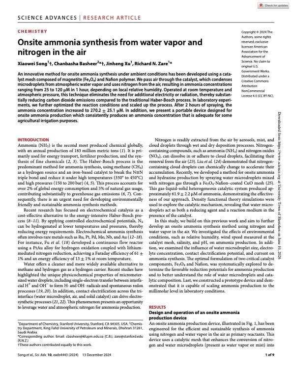 Onsite Ammonia Synthesis from Water Vapor and Nitrogen in the Air