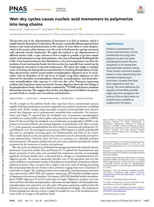 Wet-dry cycles cause nucleic acid monomers to polymerize into long chains