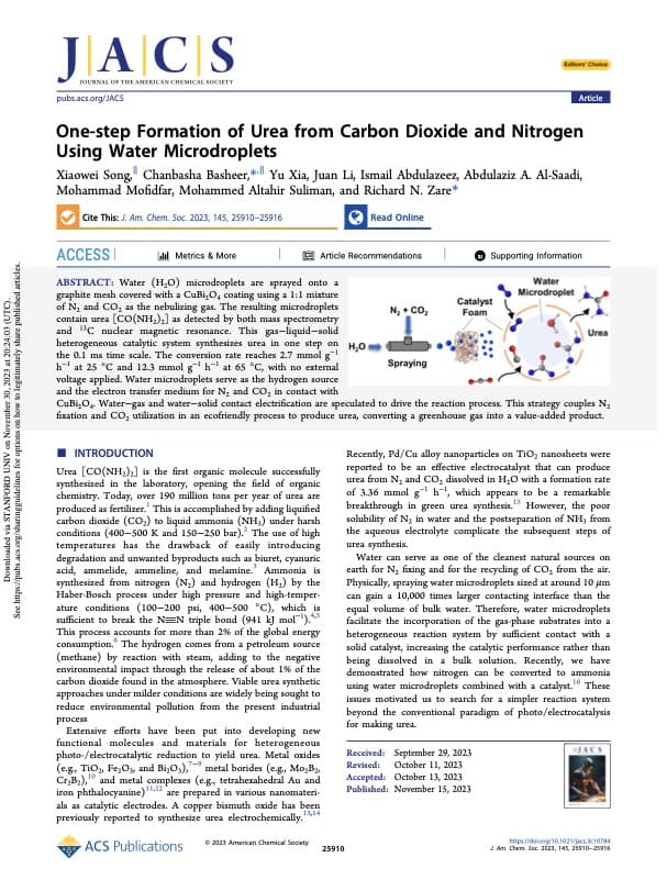 One-Step Formation of Urea from Carbon Dioxide and Nitrogen Using Water Microdroplets