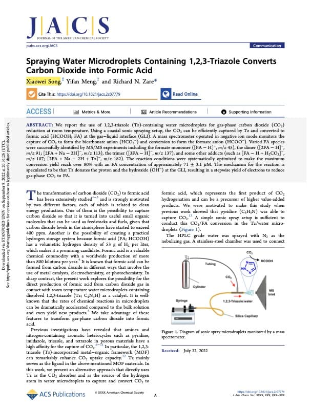 Spraying Water Microdroplets Containing 1,2,3-Triazole Converts Carbon Dioxide into Formic Acid