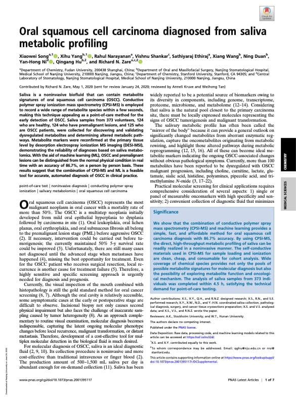 Oral squamous cell carcinoma diagnosed from saliva metabolic profiling